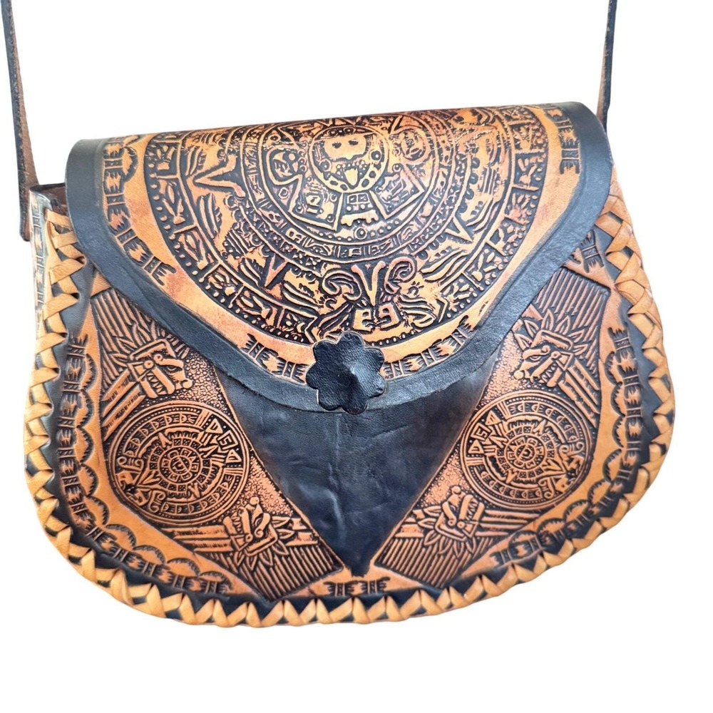 Vintage HandTooled Leather Crossbody‎ Mexico Aztec Mayan Calendar Boho Preloved